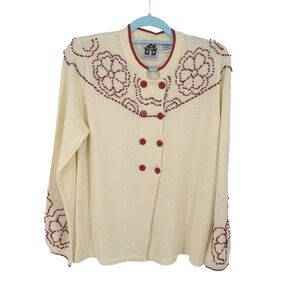 Storybook Knits Cream Red Beaded Floral Cardigan Sweater Womens M Button Front